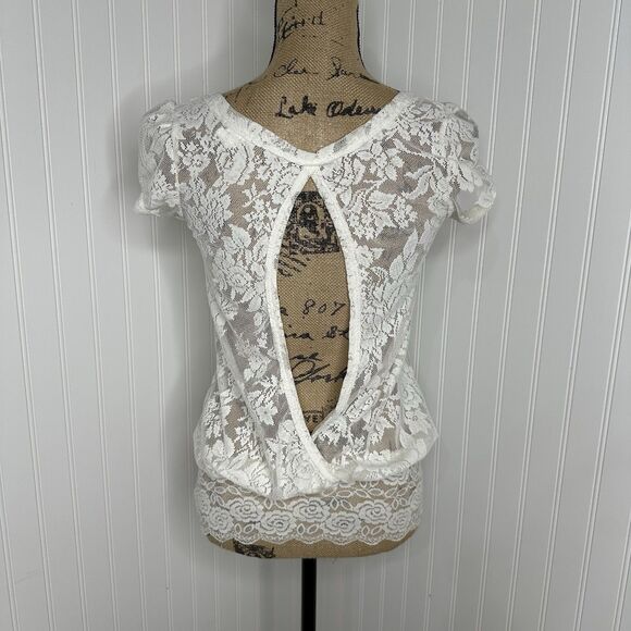 Studio Y Mesh Floral Sheer Top Sz S Keyhole Back Puff Sleeve Feminine Coquette - Picture 4 of 13